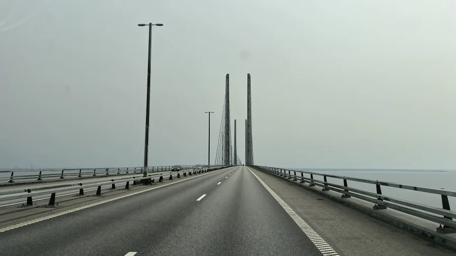 Looking along the carriageway of the Øresund Bridge towards the two pylons.
